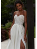 Strapless Beaded Ivory Lace Satin Slit Wedding Dress With Pockets